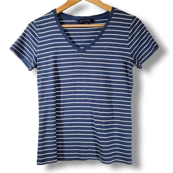 Tommy Hilfiger Striped V-Neck Short Sleeve T-Shirt Navy White Size Small - Picture 1 of 8